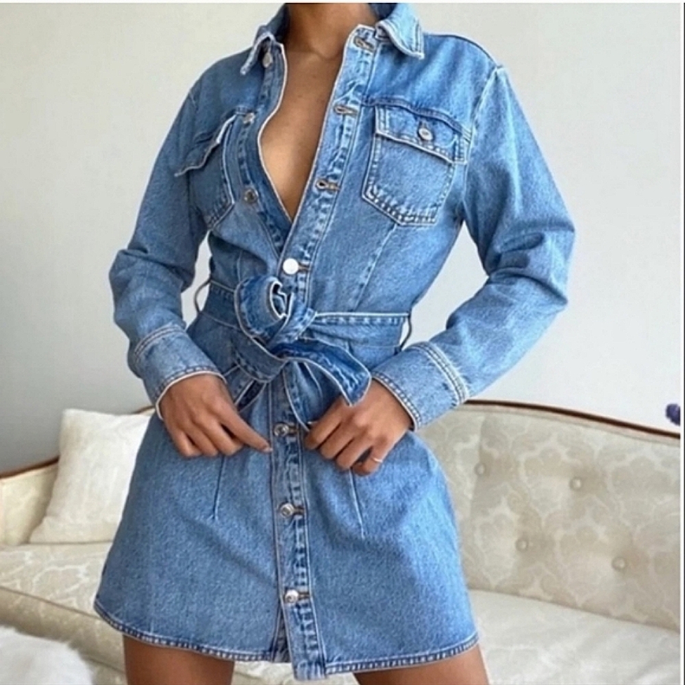 Zara Belted Denim Short Dress Blue Size L